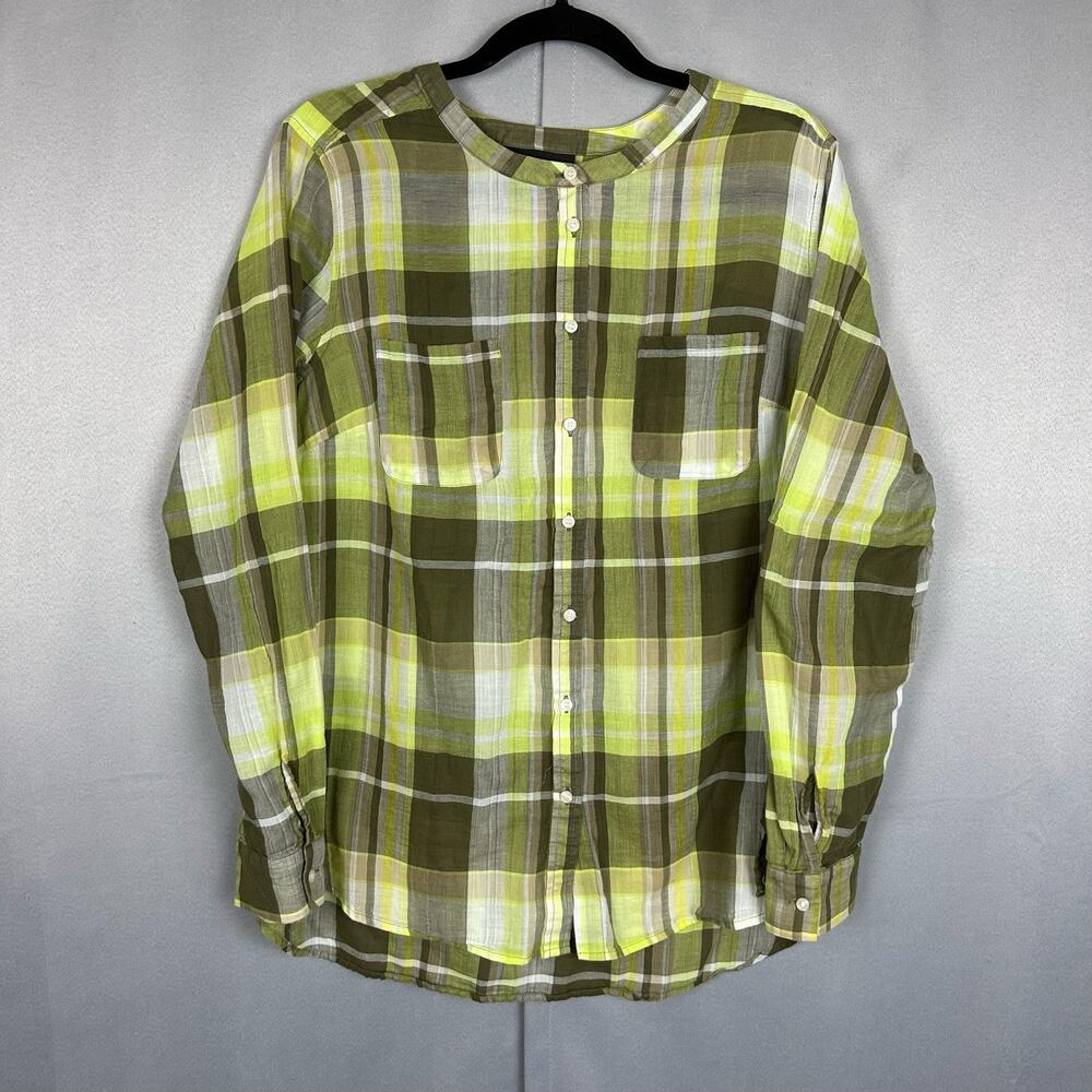 Women's Lane Bryant Brown White Plaid Button Up Top Mandarin Collar Top 14/16